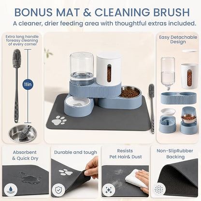 Gravity Cat Feeder and Water Dispenser 2 Pack Automatic Stainless Steel Feeder Bowls with Silicone Mat and Brush Set, Dry Food and Water Dispenser for Cats Small Medium Dogs(Blue)