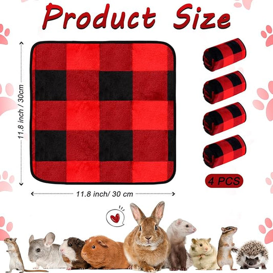 Reginary 4 Pcs Waterproof Guinea Pig Blankets Washable Small Animal Fleece Bedding Guinea Pig Cage Liners Reusable Training Pads Pet Pee Pad Sleep Mat for Hamster(Plaid,12 x 12 Inch)