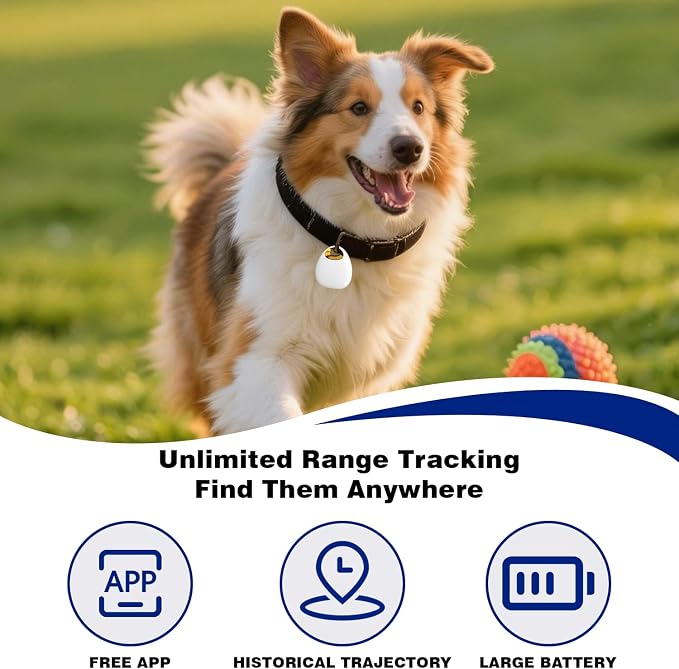Pet GPS Tracker for Dogs & Cats, No Subscription Required, Smart Location Tracker for iOS & Android, IP67 Waterproof, Built-in Speaker, 1-Year Battery, Location History & Sharing