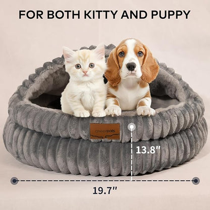 CHEERPALS Cat Cave Bed for Indoor Cats, Washable Covered Cat Bed Hooded Kitty Bed Soft Fluffy Pet Bed for Puppy and Small Dog(Dark Blue)