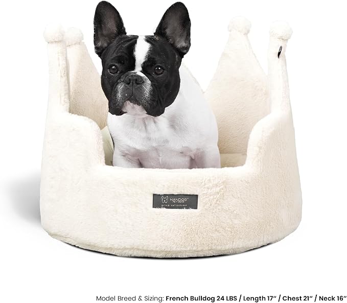 NANDOG Crown Dog Bed for Small Dogs & Cats – Soft Plush Round Pet Bed, Cozy Royal Design, Comfortable Indoor Puppy Bed for Crate or Kennel, White Cloud, Medium