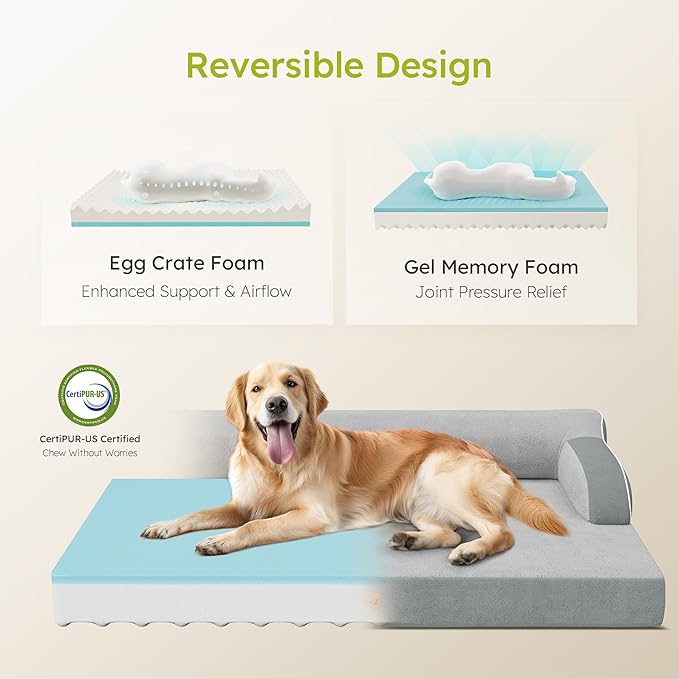 CWAWZ XL Orthopedic Dog Bed, Extra Large Dog Bed, Dual-Sided Pet Cooling Beds with Memory Foam Washable Cover Nonslip Bottom, Waterproof XLarge Pet Couch Beds with Bolsters, Light Grey