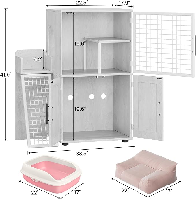 Cat Litter Box Enclosure Furniture with Double Layer Design, Hidden Litter Box & Lounge Villa for Indoor Cats - Includes Ladder, Platform, and Washroom Space for Living Room, Antique White