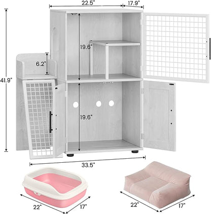 Cat Litter Box Enclosure Furniture with Double Layer Design, Hidden Litter Box & Lounge Villa for Indoor Cats - Includes Ladder, Platform, and Washroom Space for Living Room, Antique White