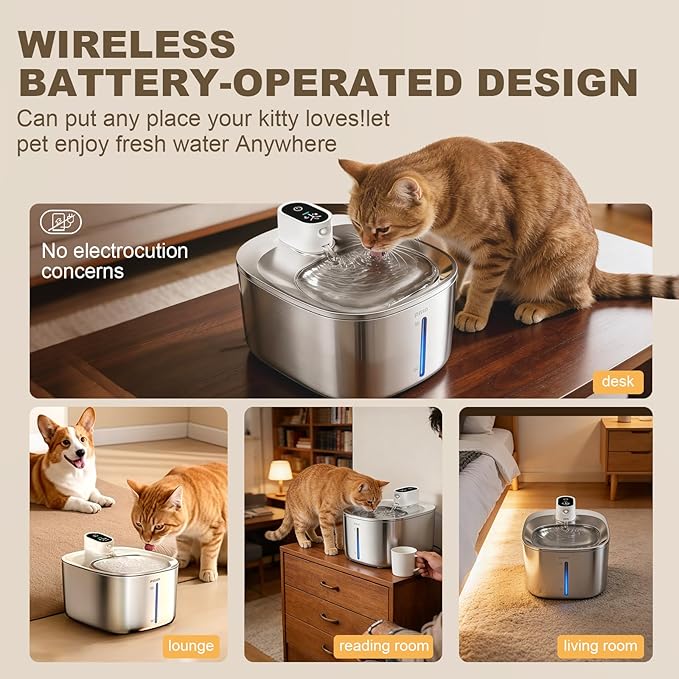 Wireless Cat Water Fountain Stainless Steel,4.5L Cordless Pet Fountains for Dringking,4000mah Battery Operated Cat Water Pountain,Automatic Dog Dispenser w Pen Cat Toys