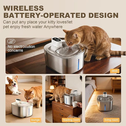 Wireless Cat Water Fountain Stainless Steel,4.5L Cordless Pet Fountains for Dringking,4000mah Battery Operated Cat Water Pountain,Automatic Dog Dispenser w Pet Hair Remover Gloves