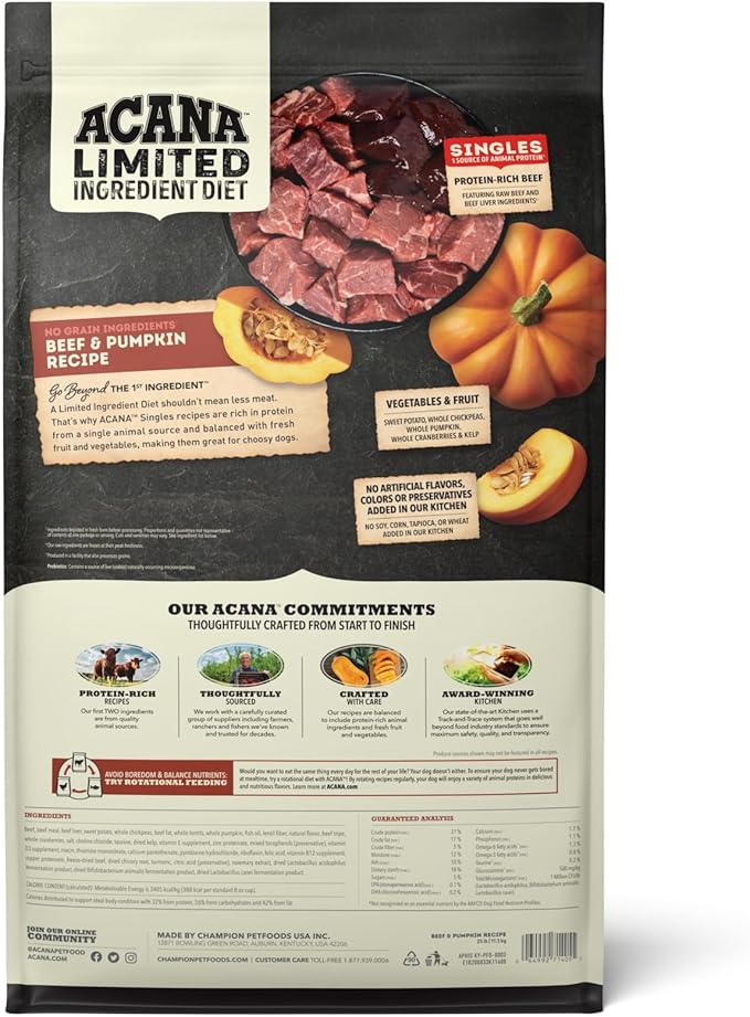 ACANA Singles Limited Ingredient Grain Free High Protein Dry Dog Food Beef & Pumpkin Recipe 22.5lb Bag