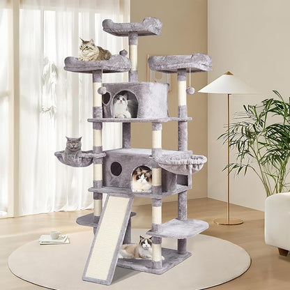 VEVOR Cat Tree for Indoor Cats, 68.5" Cat Tower with 2 Cat Condos, Sisal Scratching Post, Hammocks, Top Perches, Jumping Platforms and Ramp, Cat Furniture Activity Center with Hang Balls, Light Grey