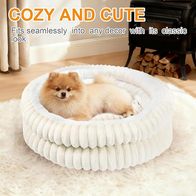 Washable Round Donut Dog Bed,Cat Beds for Indoor Cats,Fluffy Puppy Dogs Beds for Small Dogs with Anti-Slip Bottom(White, Medium)