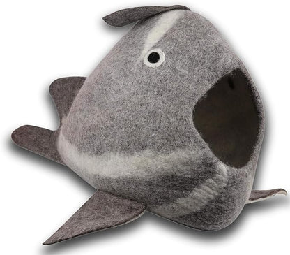Whale Cat Cave — Felt Cat Cave Bed, Funny Cute Cat Bed, Handmade Wool Cat Cave for Indoor Cats, Fits 1 Large or 2 Small Cats, 20 x 14.5 Inch, Natural Wool Cat Hideaway
