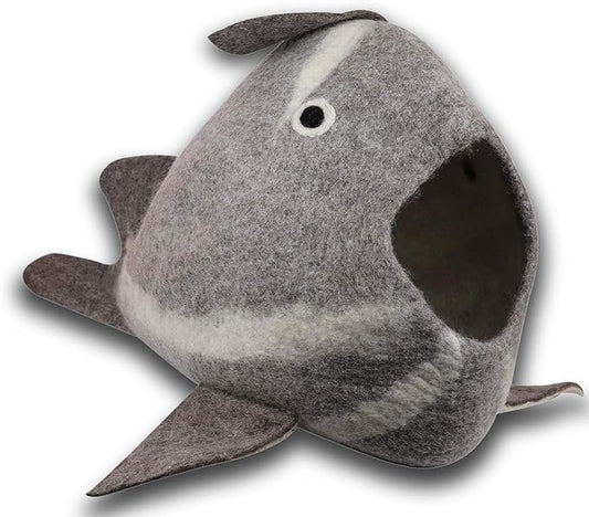 Whale Cat Cave — Felt Cat Cave Bed, Funny Cute Cat Bed, Handmade Wool Cat Cave for Indoor Cats, Fits 1 Large or 2 Small Cats, 20 x 14.5 Inch, Natural Wool Cat Hideaway