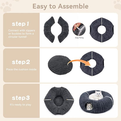 Dogpals Ultra-Soft Cat Tunnel Bed - Soft Washable Cushion, Peekaboo Hideaway Cave for Indoor Cats, Kittens, Puppies, and Rabbits - Deluxe Upgraded with Luxurious Striped Hare-Feel Fabric (Deep Grey)