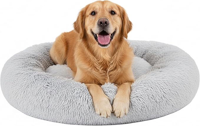Soft Round Dog & Cat Bed, Anti-Anxiety Donut Cuddler with Anti-Slip Bottom Cozy Fluffy Pet Bed for Medium Large Dogs and Cats, 37inch, Grey