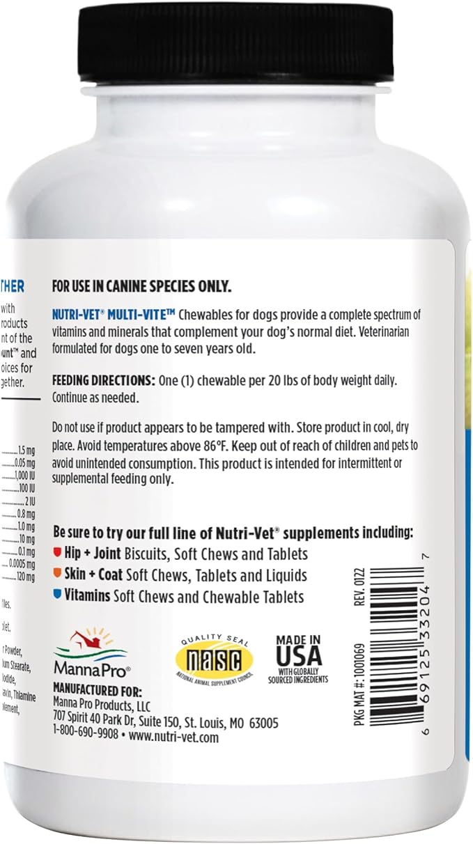 Nutri-Vet Multi-Vite Chewables for Adult Dogs, Dog Vitamins, Pet Essentials, Potent Antioxidants, Strong Bones, Supports a Balanced Diet, Pet Supplements, 120 Count
