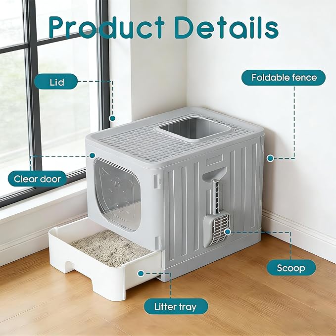 Cat Litter Box with Scoop, Large Foldable Litter Box with Lid & Drawer Tray, Top Entry Cat Litter Box, Odor Control, Easy to Clean for Small to Medium Cats (Light Gray, 19" L x 15.3" W x 15" H)