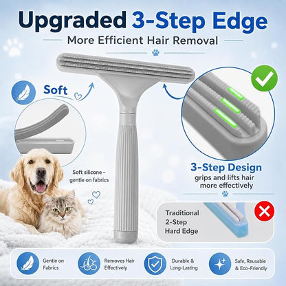 2 Pack Reusable Pet Hair Remover and Fabric Lint Scraper Set, Gray | Double-sided lint remover and flexible fabric scraper for dog cat hair on clothes, sofas, bedding, rugs and car seats.
