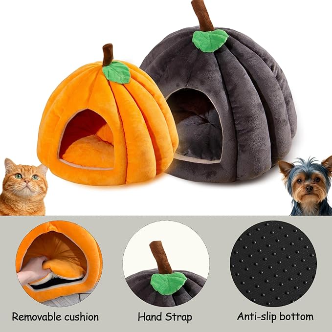Cat Bed for Indoor Cats - Adorable Cozy Pumpkin Cat Cave with Removable Cushion, Super Soft Pet House Tent for Kittens & Small Pets, Warm & Washable Non-Slip Design(S 15 inch Orange)