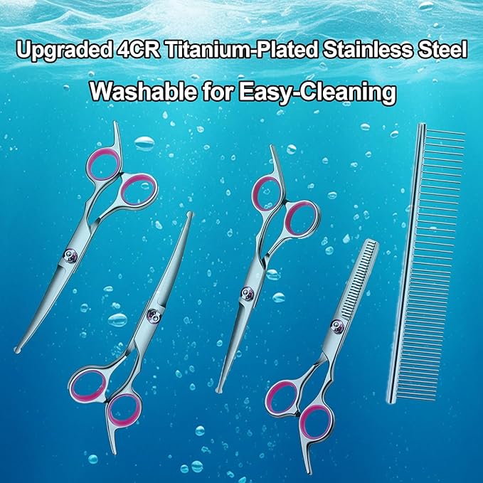 Dog Grooming Scissor, 7-in-1 Pet Grooming Scissor for Dogs, Professional Dog Grooming Kit with Safety Round Tips, Titanium Coated Cat Scissors Kit for Home Grooming (Pink)