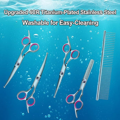 Dog Grooming Scissor, 7-in-1 Pet Grooming Scissor for Dogs, Professional Dog Grooming Kit with Safety Round Tips, Titanium Coated Cat Scissors Kit for Home Grooming (Pink)