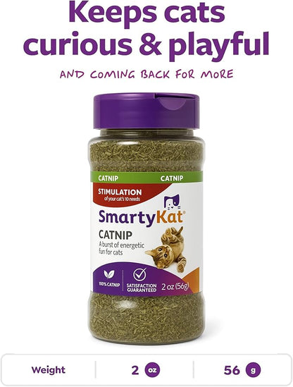 SmartyKat Natural Catnip Canister, 100% Natural Cat Nip for Cats, Premium Dried Catnip for Indoor Cats, Positive Training Aid for Play and Exercise, Resealable Shaker Bottle, 2 Ounces