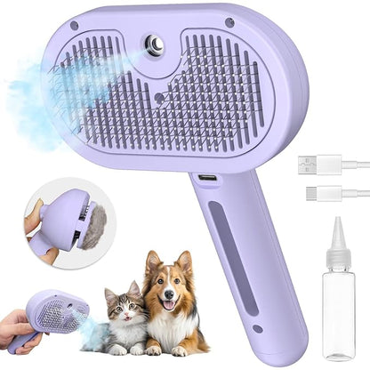 Pecait 3-in-1 Self-Cleaning Brush for Shedding Dogs and Cats - Removes Static, Tangles, and Loose Hair (Purple)