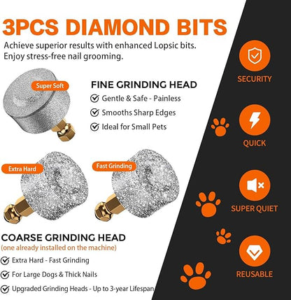 Whisper Quiet Dog Nail Grinder with 4 LED Lights, Safe & Stress-Free for Sensitive Dogs Cats of All Breeds & Sizes, 3 Grinding Bits, 3-Speed, Pet Nail Trimmers, Rechargeable Painless Grooming Kit Grey