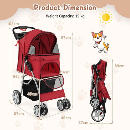 4 Wheels Dog Stroller, Foldable Pet Stroller for Small/Medium Dogs Cats, Cat Carrier with Storage Basket and Cup Holder, Pet Car Seat with Soft Pad, Red