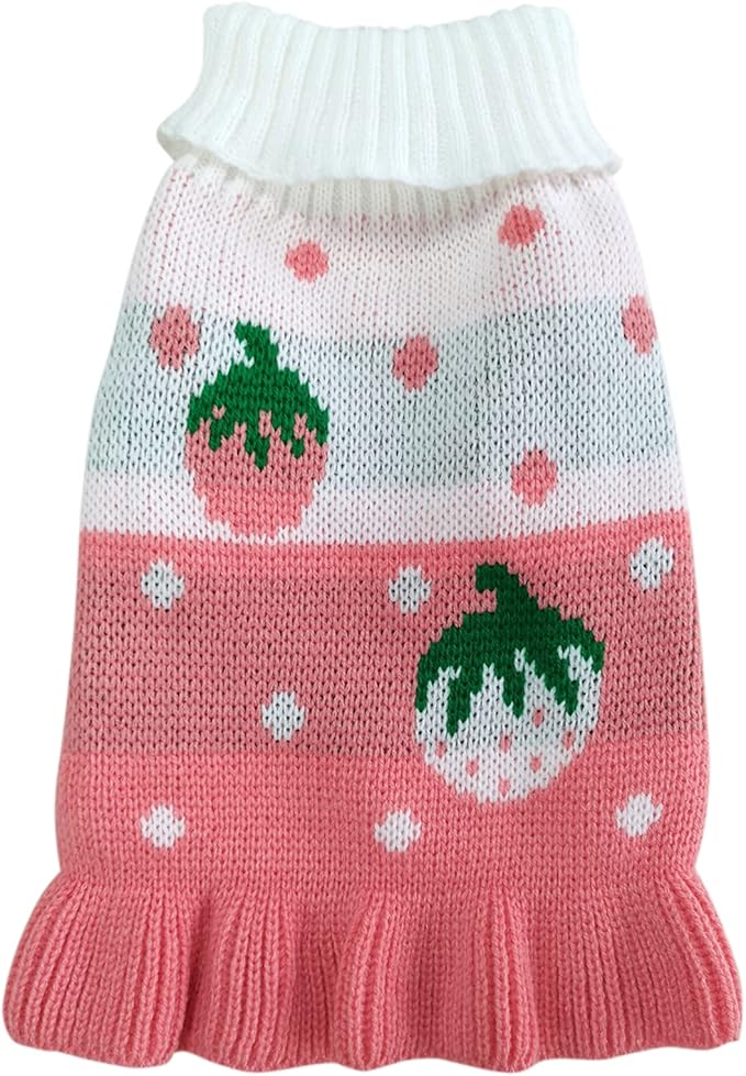 CHBORCHICEN Pet Dog Sweaters Classic Knitwear Turtleneck Winter Warm Puppy Clothing Cute Strawberry and Heart Doggie Sweater (S, Dress-Pink)