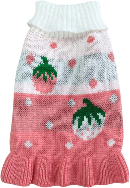 CHBORCHICEN Pet Dog Sweaters Classic Knitwear Turtleneck Winter Warm Puppy Clothing Cute Strawberry and Heart Doggie Sweater (XS, Dress-Pink)