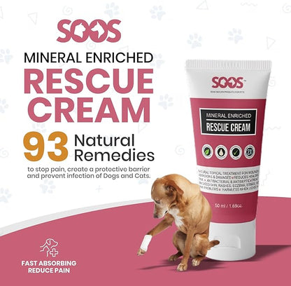 Soos Pets Pet Rescue Cream for Dogs and Cats | Natural Dead Sea Mineral Enriched | Fast Absorbing Reduce Pain | Topical Treatment of Injuries Cuts Sores Wounds Scratches Damaged Skin - 50ml