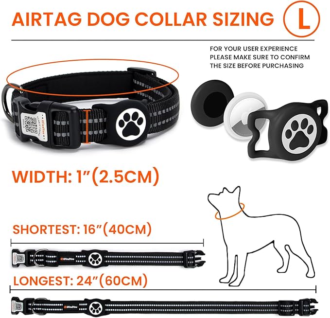 AirTag Dog Collar for Large Dogs, IP68 Waterproof Air Tag Dog Collar with Apple AirTag Holder, Reflective, QR Code Personalized Dog Tags(Black, Large)