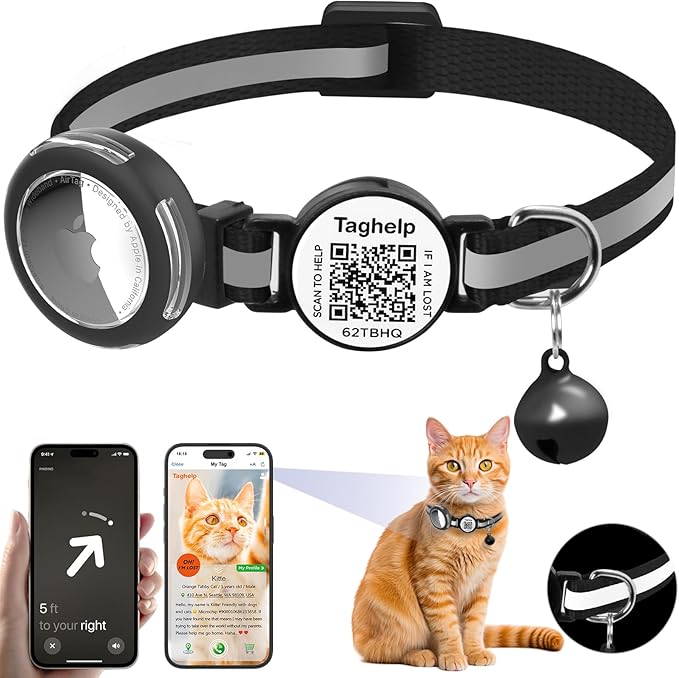 Waterproof Airtag Holder Cat Collar .Lightweight Kitten Collar for Apple Air tag. Solid &Safe,Reflective Pet Collar, Breakaway Smart ID tag, Scan QR Code for Instant Location Alerts (Black A)