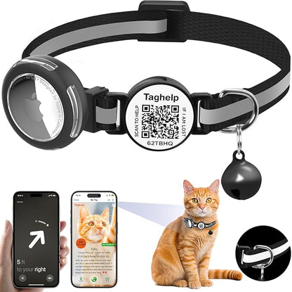 Waterproof Airtag Holder Cat Collar .Lightweight Kitten Collar for Apple Air tag. Solid &Safe,Reflective Pet Collar, Breakaway Smart ID tag, Scan QR Code for Instant Location Alerts (Black A)