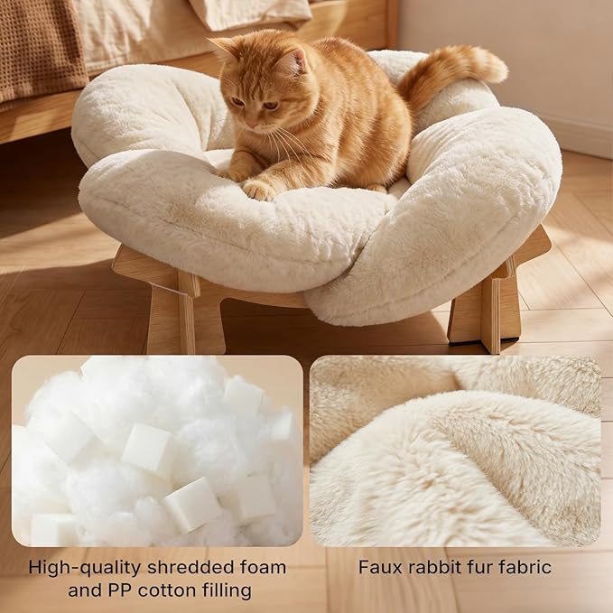 Veehoo Modern Elevated Flower Cat Bed with Washable Fluffy Cushion for Indoor Cats & Small Dogs, Wooden Raised Pet Couch Sofa, Cozy Lounge Chair Suitable for Puppy, Cat Furniture