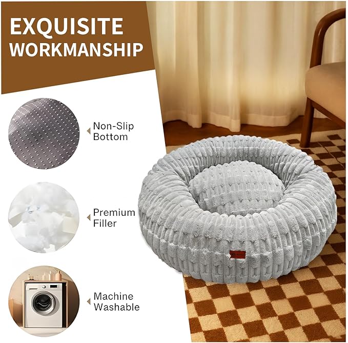 ShinHye Dog Bed for Small Dogs & Cats, Washable Calming Round Pet Bed with Non-Slip Bottom, Soft Indoor Puppy Bed(ZJ-Grey-32x32)