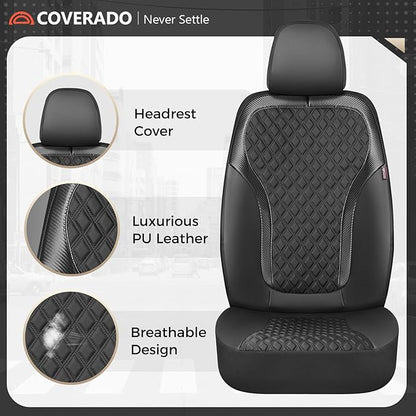 Coverado Seat Covers Full Set, Luxury Leather Car Seat Cover with Carbon Fiber Accents Design, Spill-Proof Durable Black Automotive Seat Covers, Front and Rear Seat Protectors Universal Fit Most Cars