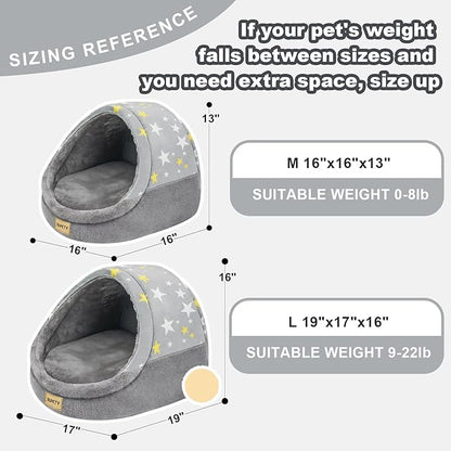 Jiupety Cute Cat Beds for Indoor Cats, Cat Cave Bed for Kittens, Burrowing Cat Bed & Puppy Bed with Anti-Slip Bottom, Washable Removable Cushion, L(19"x17"x16"), Gray Star