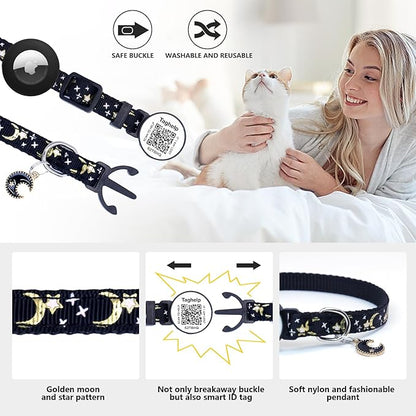 2PCS Breakaway Cat Collars with Bell Cute Star &Moon Safe Kitten Collars with Pendant Glow in The Dark,Airtag Holder Cat Collar with Smart ID tag & QR Code Reflective for GPS Boy Girl Cats (Black)