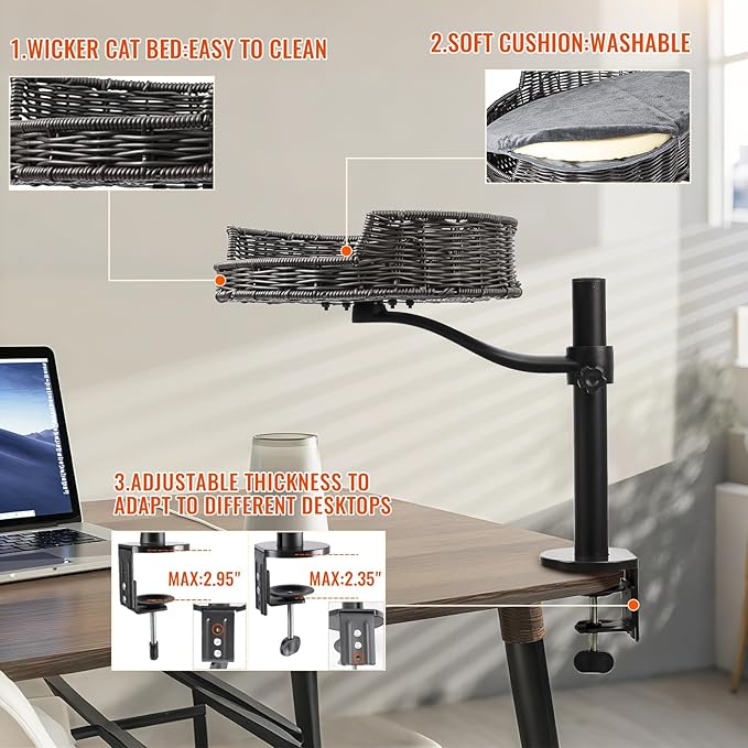 Niubya Cat Desk Bed Mount with Adjustable Height,Rattan Cat Desk Perch Supports 30 Lbs,360°Rotation Desktop Kitty Attachment for Indoor Home Office,3 Bed