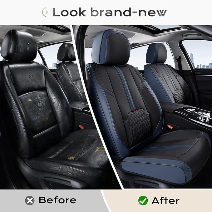 Coverado Car Seat Covers, Front and Back Seat Covers, Universal Seat Cover for Cars with Lumbar Support, Faux Leather Car Seat Protector Waterproof Car Seat Cushions Fit for Most Vehicles (Blue&Black)