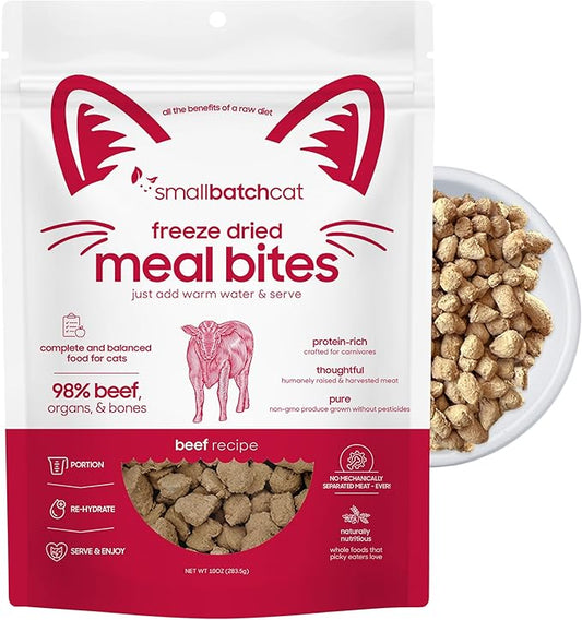 smallbatch Freeze-Dried Raw Cat Food, Shelf Stable Food Bites, Beef Recipe, High Protein Meal or Topper for Cats, Humanely Raised Meat, Organic, Non-GMO Produce, Made in the USA, 10oz Bag