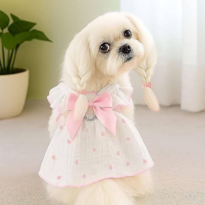 Dog Dresses for Small Dogs Girl Female Dog Cat Clothes Dress Cute Cotton Extra Summer Clothes Bow Decor Printed Love Birthday Outfit Puppy Clothes (Light Pink & Black, X-Large)