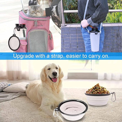 Dog Travel Water Bottle Collapsible Bowls, 2 in 1 Pet Food Container with Collapse Bowls, Outdoor Portable Water Bowls for Walking, Traveling, Camping and Hiking (White)