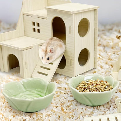 BNOSDM 2 Pcs Hamster Ceramic Food Bowl Flower Series Gerbil Drinking Bowls Anti-Turning Food & Water Dish for Dwarf Syrian Hamsters Gerbil Chinchilla（Green, Rose Pattern）