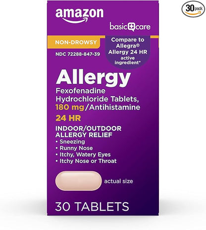 Amazon Basic Care All Day Allergy Relief, Fexofenadine Hydrochloride Tablets, 180 mg, Antihistamine, Non-Drowsy, 24-Hour Relief, Indoor & Outdoor Allergy, 30 Count