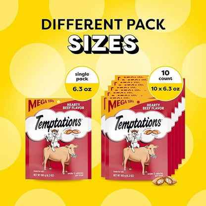 Temptations Classic Soft Cat Treats, Hearty Beef Flavor, Crunchy Cat Treats, 6.3 oz. Pouch (Pack of 10)