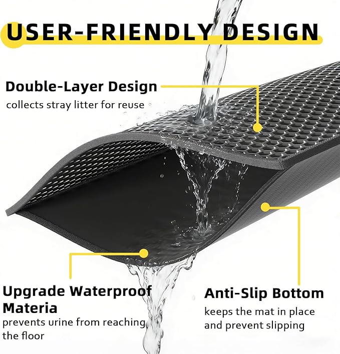 Cat Litter Mat, 15"X24" Small Double Layer Litter Trapping Mat, Waterproof/Urineproof, Easy to Clean Kitty Litter Mats for Floor, Scatter Control (Black-1Pack)
