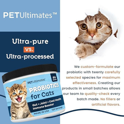 Pet Ultimates Probiotics for Cats (44g/120 Servings) – 20-Species Cat Probiotic Powder – Daily Digestive & Gut Health Support with Digestive Enzymes – Tasteless Supplements for Cats