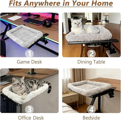Cat Desk Bed for Home Office Worker Faux Rabbit Cushion Desk-Mounted Hammock Perch Foldable Desktop Space-Saving Clamp Mount Supports Indoor Cats Durable Removable Cover - Gray 21x17in