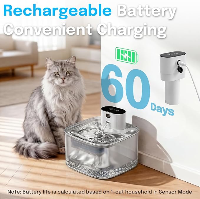 Wireless Cat Water Fountain, 2L Rechargeable Pet Fountain with Stainless Steel Tray, Ultra Quiet Pump, Motion Sensor & Anti-Dry Burn, Auto Water Dispenser for Cats Dogs, White (1 Filter)